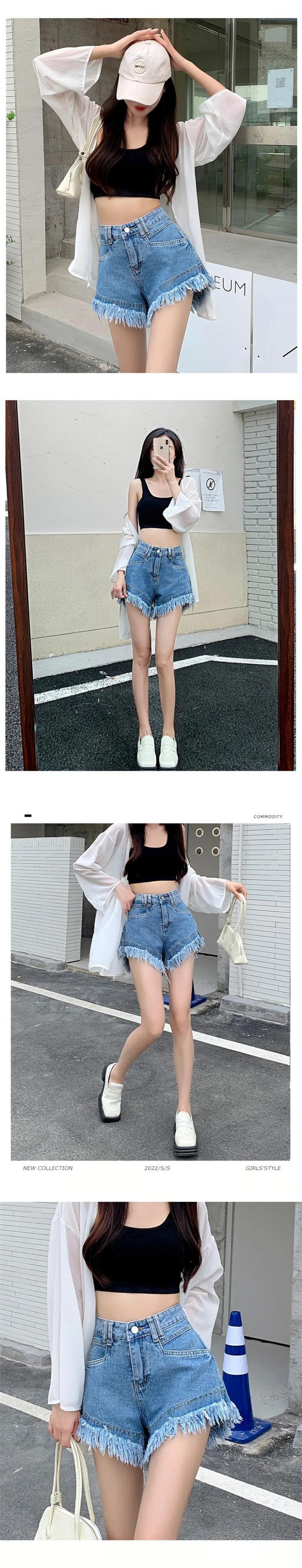 2024 夏薄いエッジピンクデニムショートパンツレディースフリンジ付き