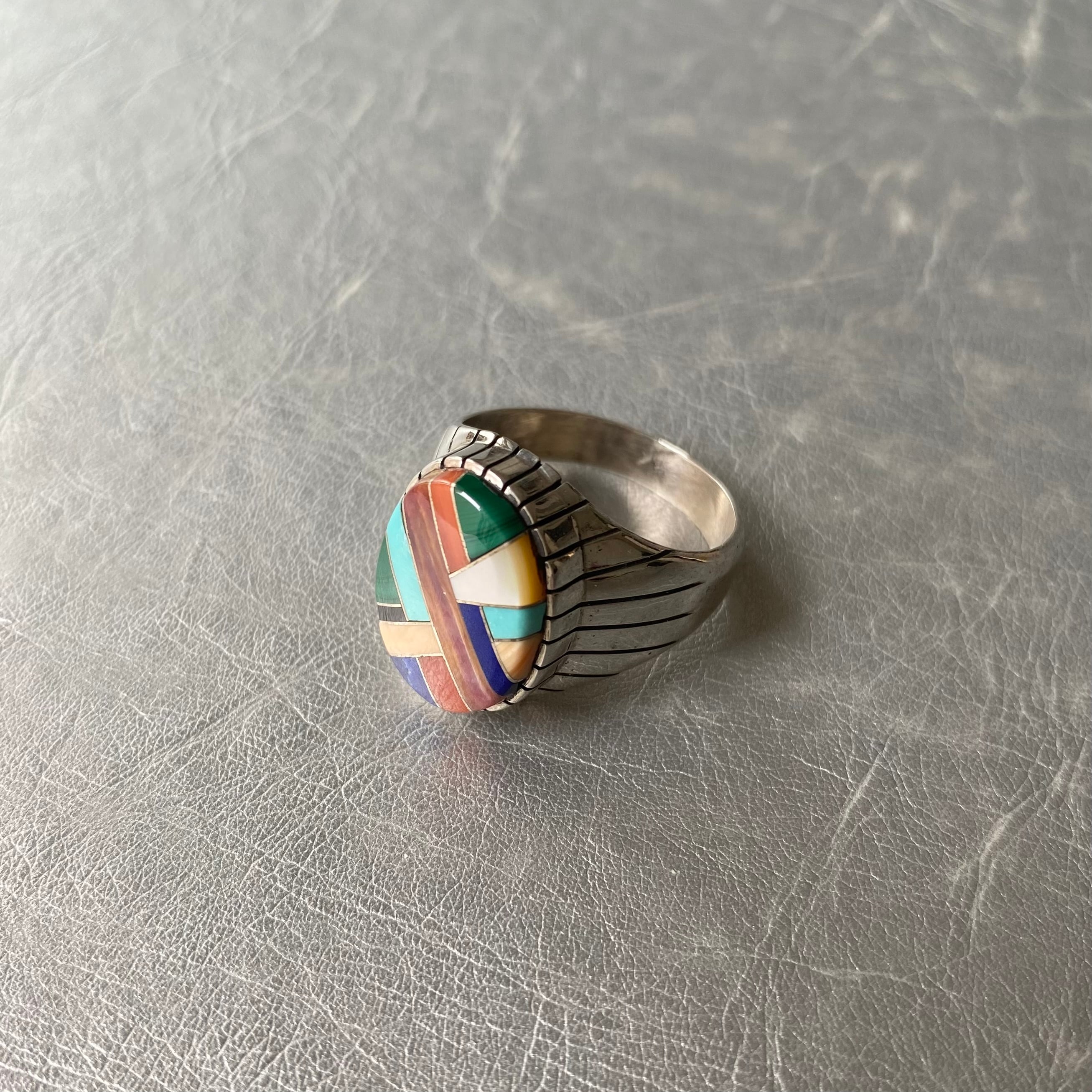 Vintage 70s〜80s USA silver 925 colorful stone artistic inlay ring 