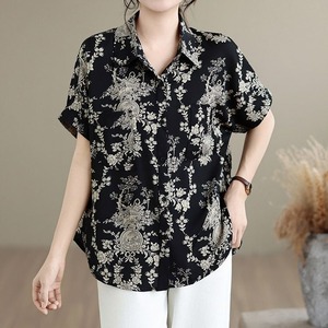 PRINT LOOSE COLLAR HALF SLEEVE DRAPE SHIRT M-18009