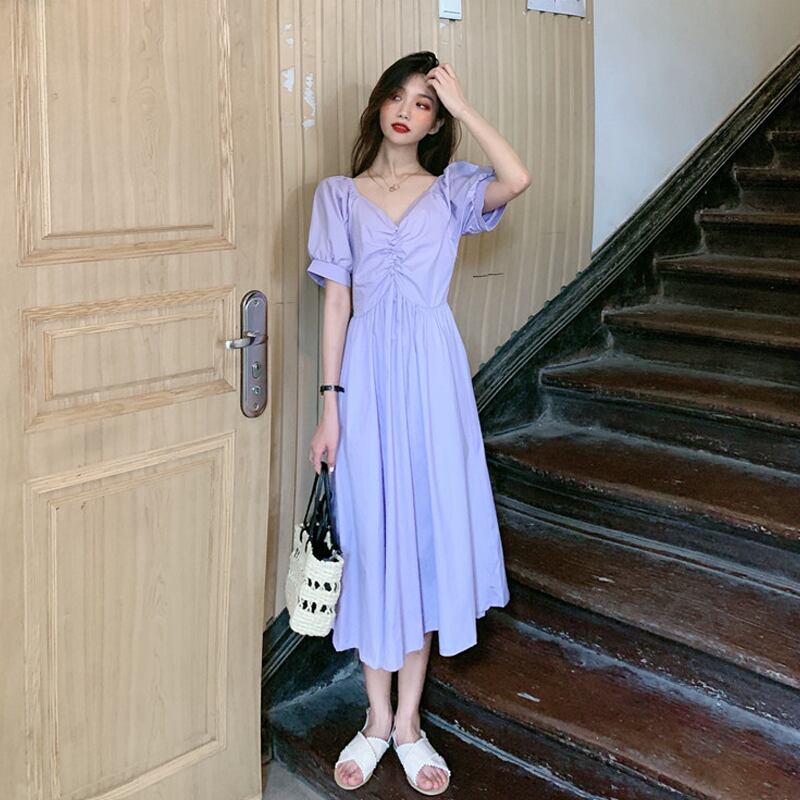 Vネックドレス サマースタイルウェスト薄手Aラインスカート ロング 夏物 パープル 試着室94368436068