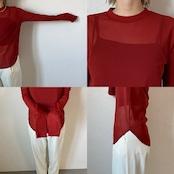 tulle sheer crew neck tops/red