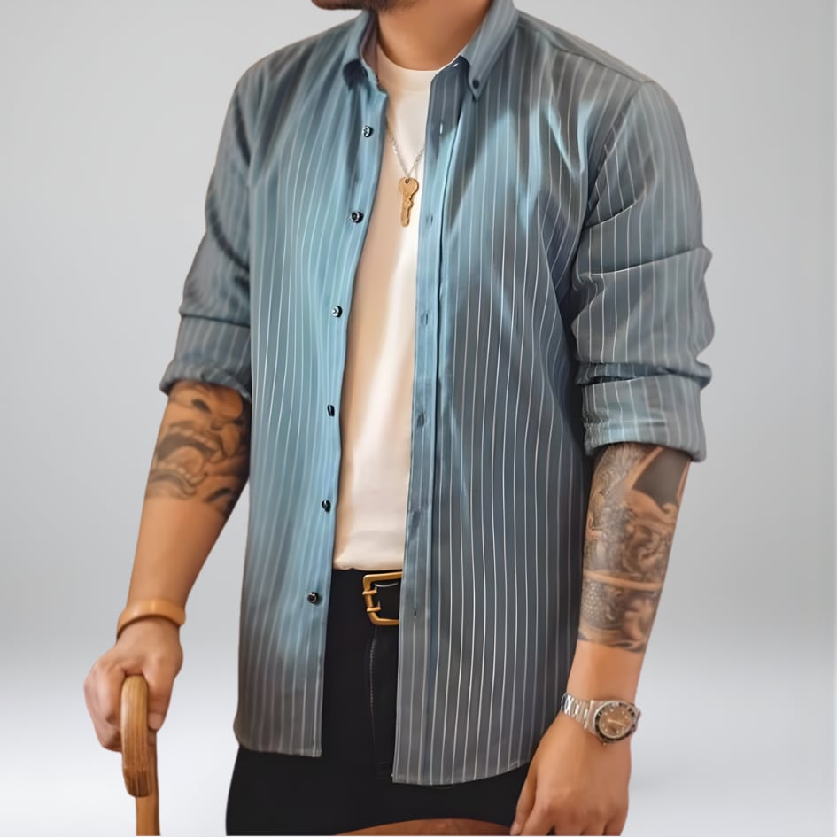 Button Front Long Sleeve Standard Size Striped Shirt ◇2color H1115