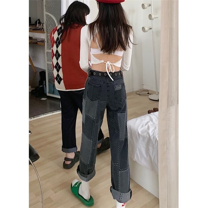 ブラックジーンズ ハイウェスト薄手パンツ スプリングルーズ 春物 モンロー93361851523