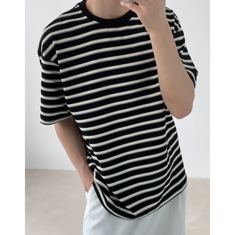 Short Sleeve Oversized Border Pattern Ribbed Knit T-Shirt mr0453