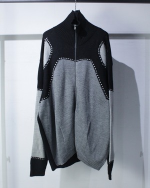 【Caka BLACK】Switching Design Loose Zip Up Knit