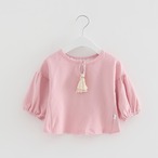 バックレースのタッセル付き長袖トップス（ピンク）