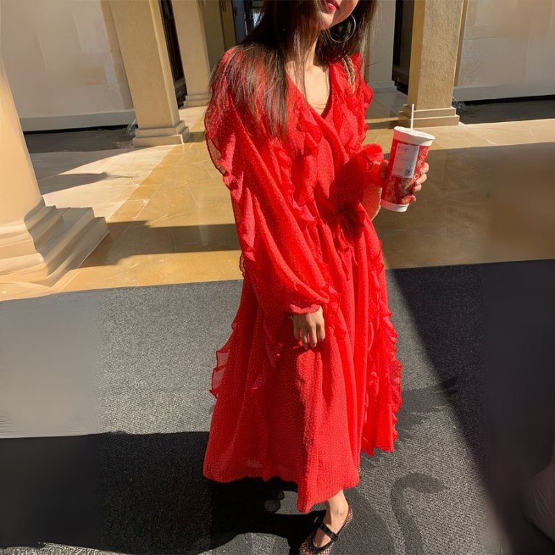 Polka dot ruffle long dress 00507