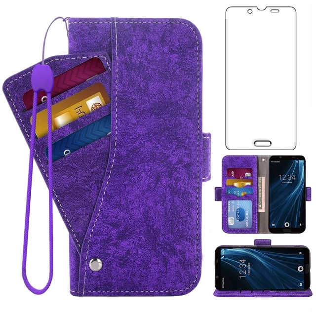 Aquos sense2 ケース 手帳型/android one s5 ケース +【1枚保護フィルム】【SHV43/SH-01L/sh-m08】手帳 財布 サイドマグネットレザーケース カード収納 スタンド機能 アクオスセンス2 sh-01l手帳型ケース shv43手帳型ケース sh-01lケース sh-m08ケース sh-m08手帳型カバー shv43カバー 紫の