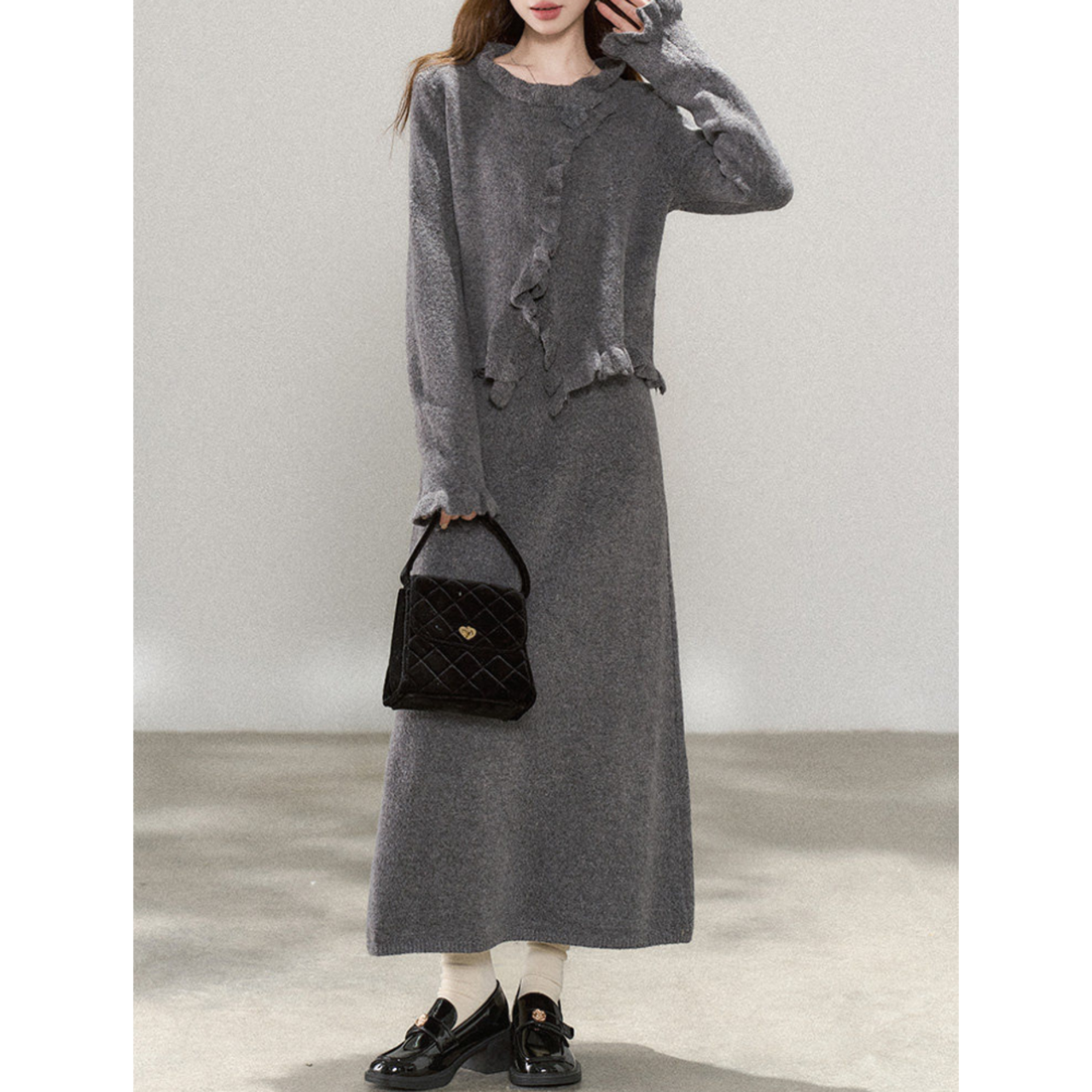 フリルニットカーディガンとスカートのセットアップ 3color W00848