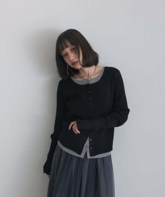 1736 コントラストカラーニットカーディガン black