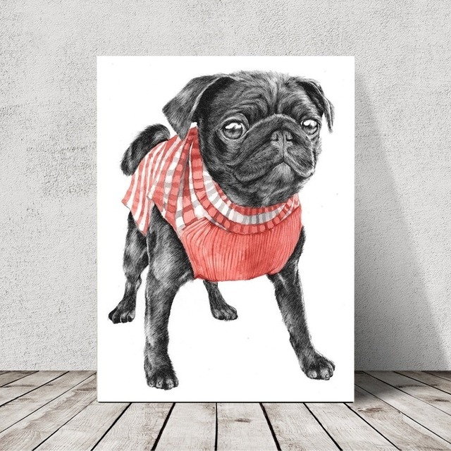 Canvas painting with wooden frame  -black pug san-　　art-17
