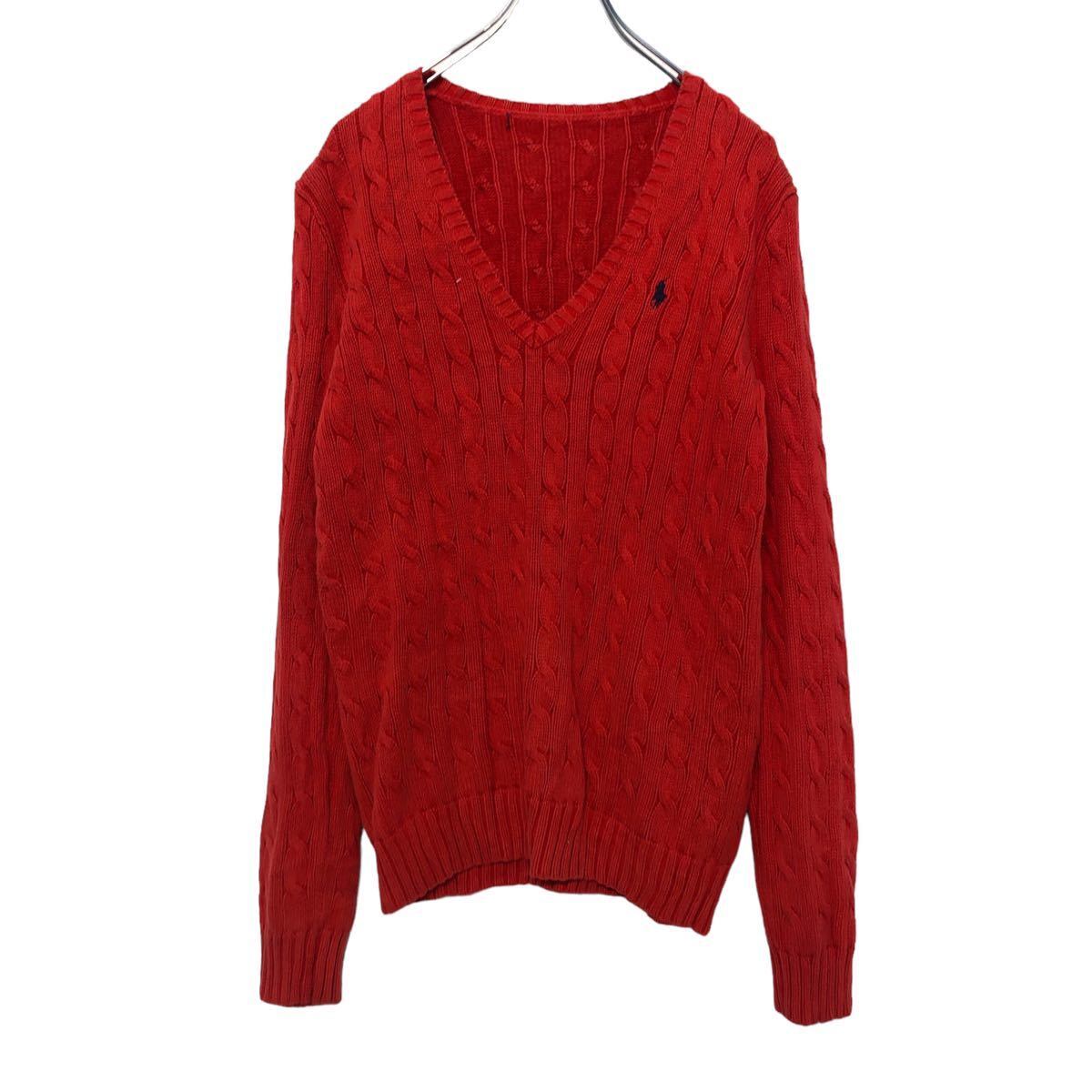 RALPH LAUREN Vネック ケーブル ニット XL位 レッド ラルフローレン ビッグサイズ セーター 古着卸 アメリカ仕入 a503-6661
