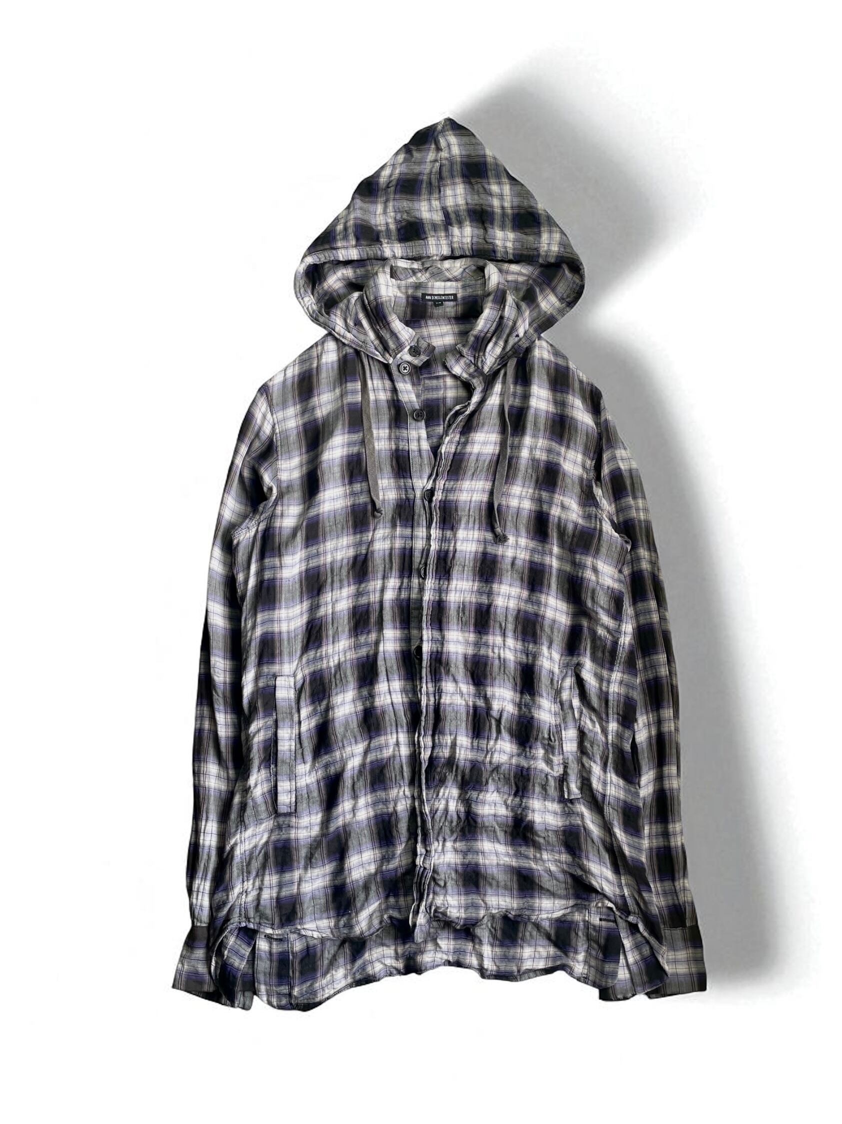 Ann demeulemeester - Wrinkled Stand-Collar Hooded Plaid Shirt
