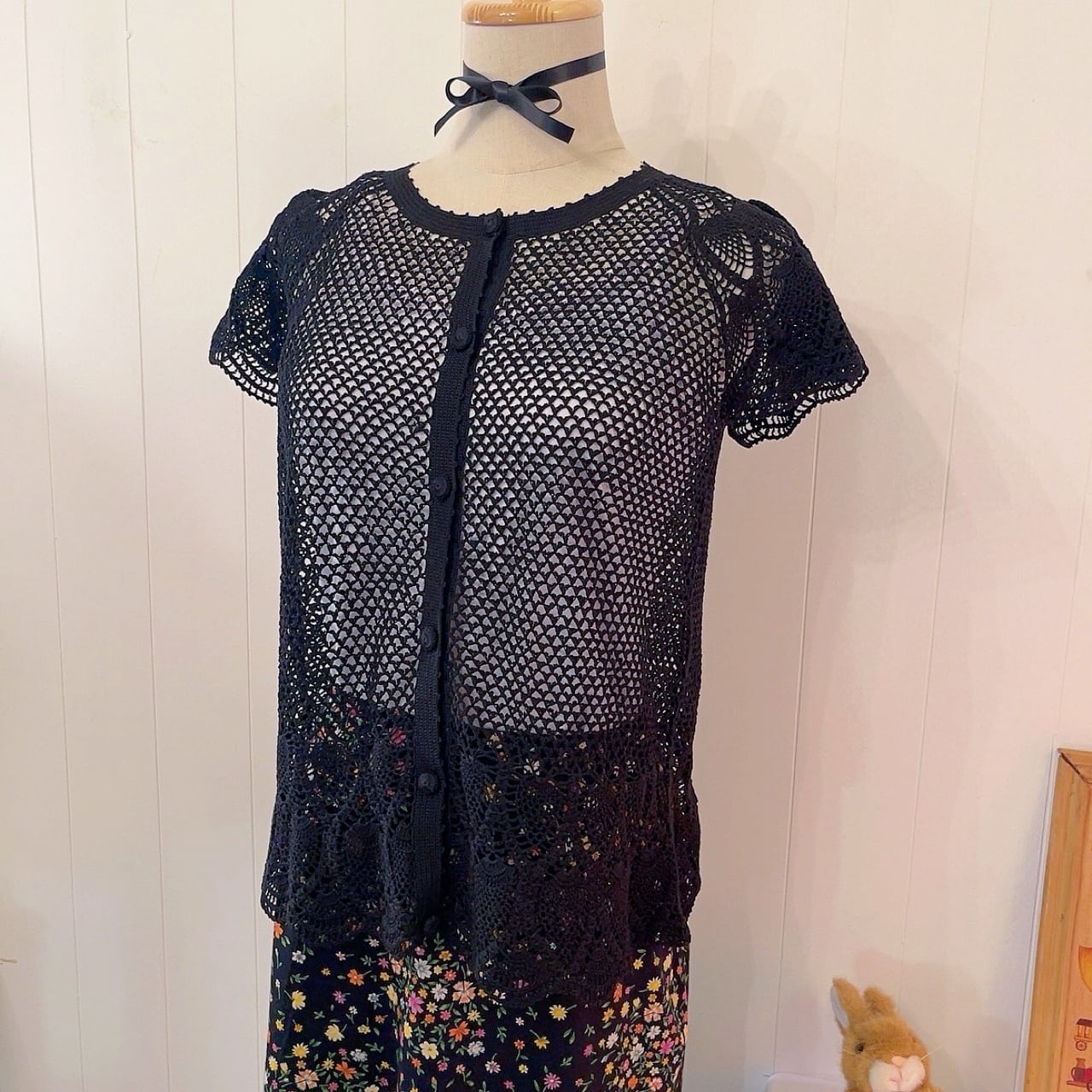 black cotton mesh knit cardigan