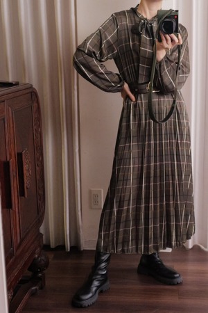 satin check dress khaki