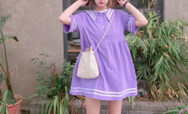 セーラー風 ワンピース ゆめかわ ブルー パープル 半袖 夏