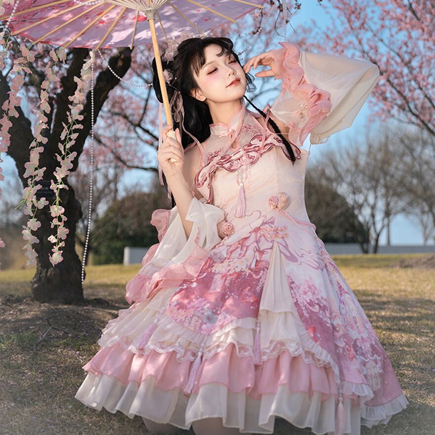 チャイナ風 ロリィタ ピンク ジャンパースカート プリント柄 姫袖