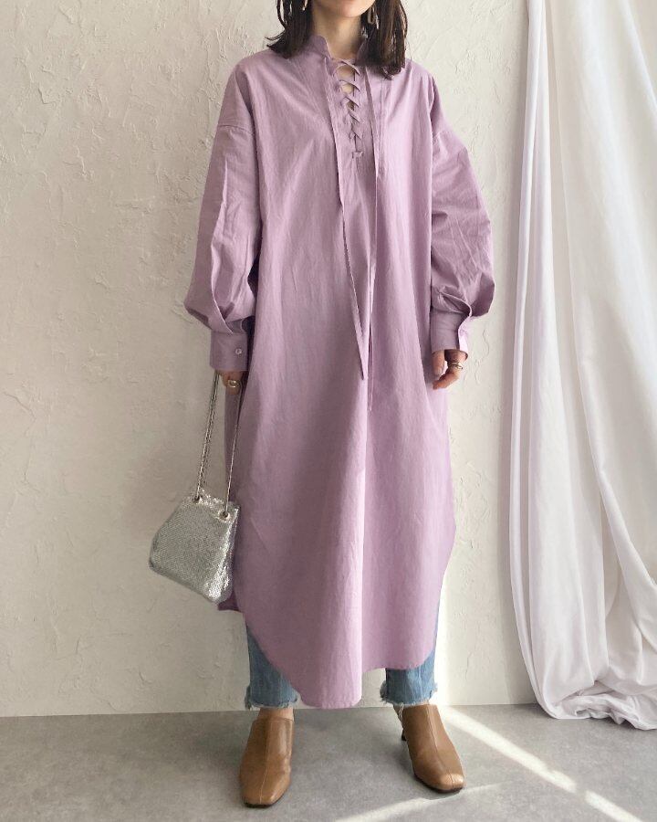 即納 スタンドカラー 編み上げ レースアップ シャツワンピース ロング Op T91 She S Closet