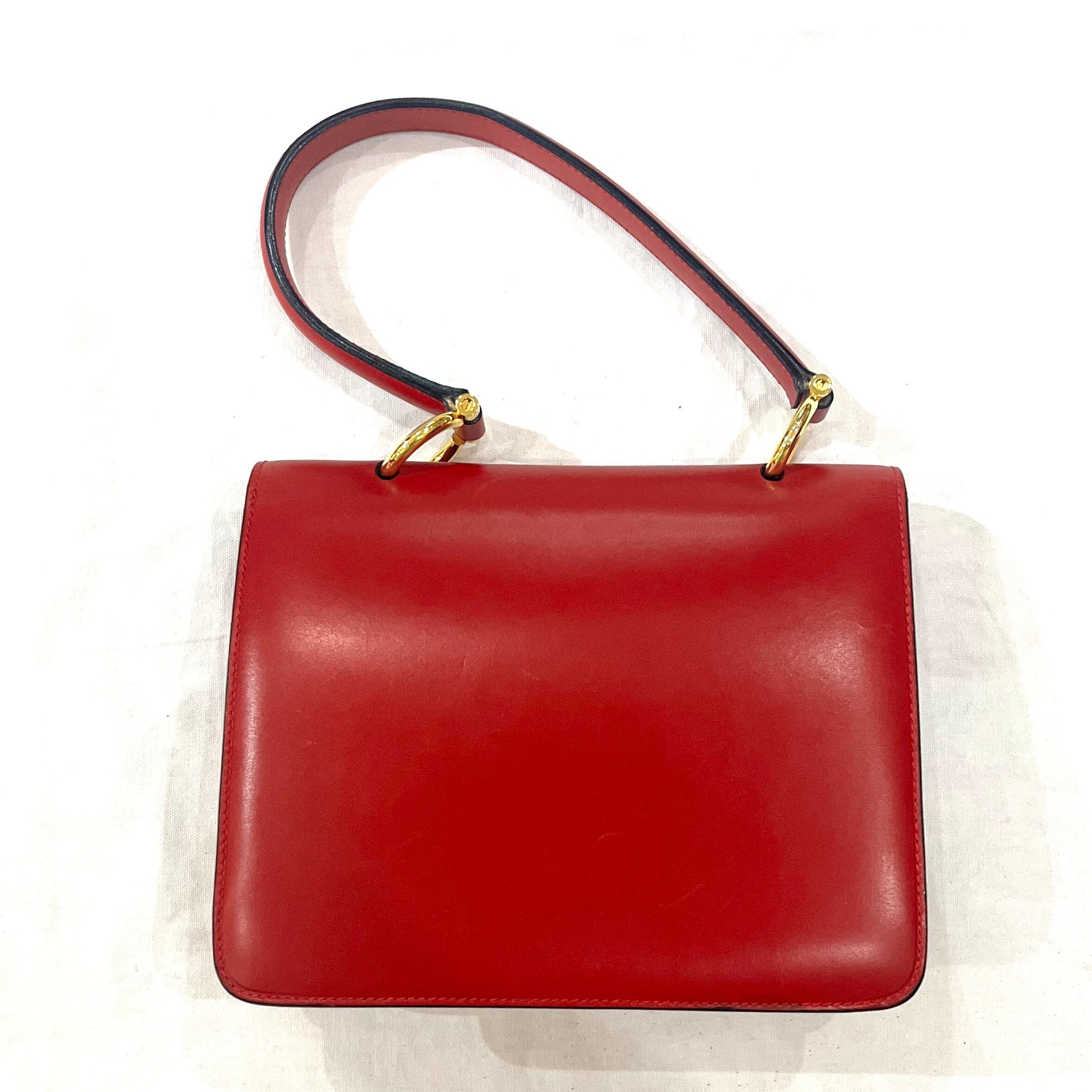 CELINE】セリーヌヴィンテージ二重蓋 Wフラップ レザーハンドバッグ 赤