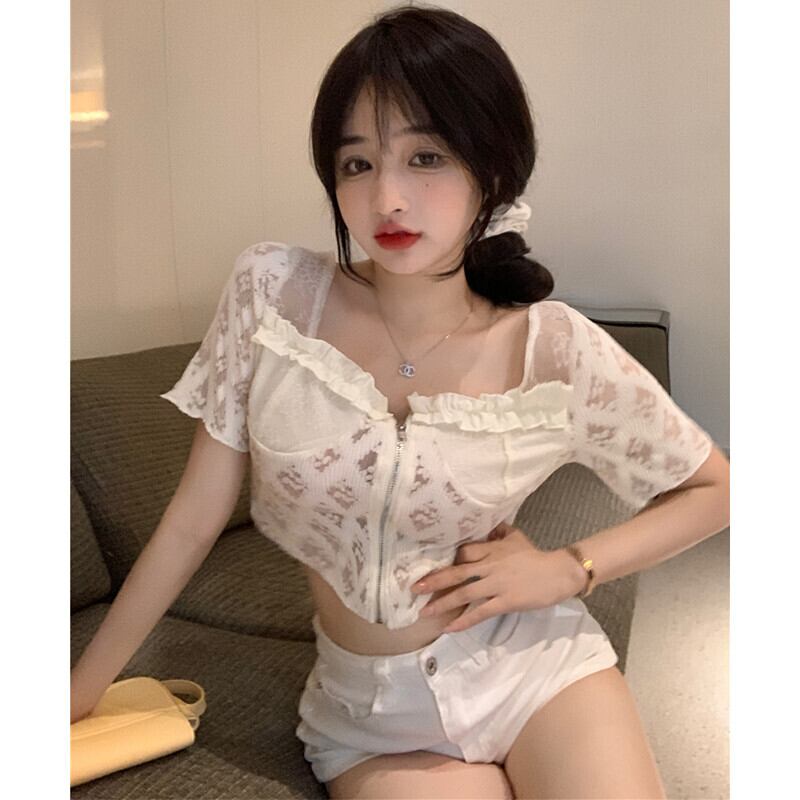 カラーホワイトレースシャツ レディースサマーショート 夏物 スクウェア ガールズファッション32403320596
