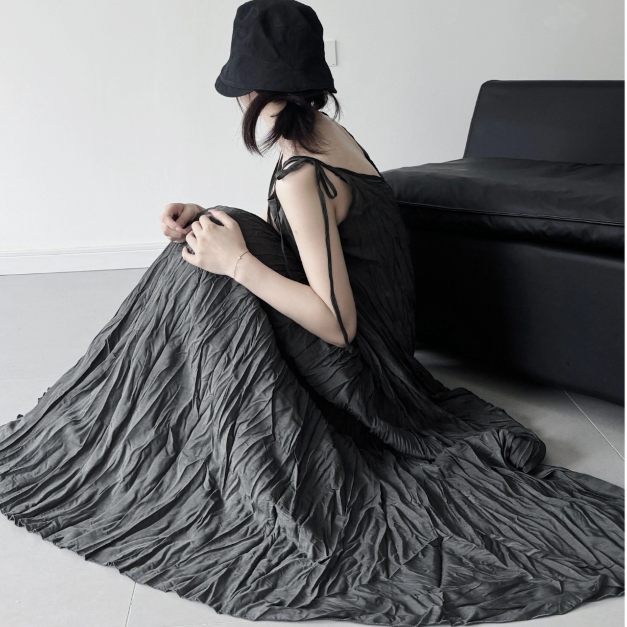 Pleated Irregular V-Neck Spaghetti Strap Dress (ME377)