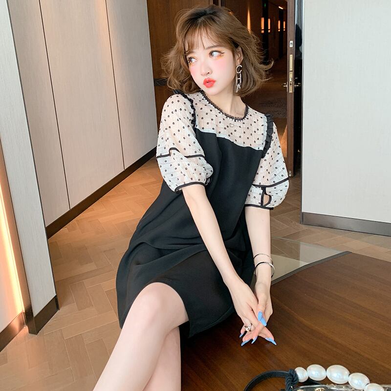 レースラウンドネック刺繍フローラルスリーブドレス オータム 秋物 花柄 Oネック ステッチ MIUCO33743583215