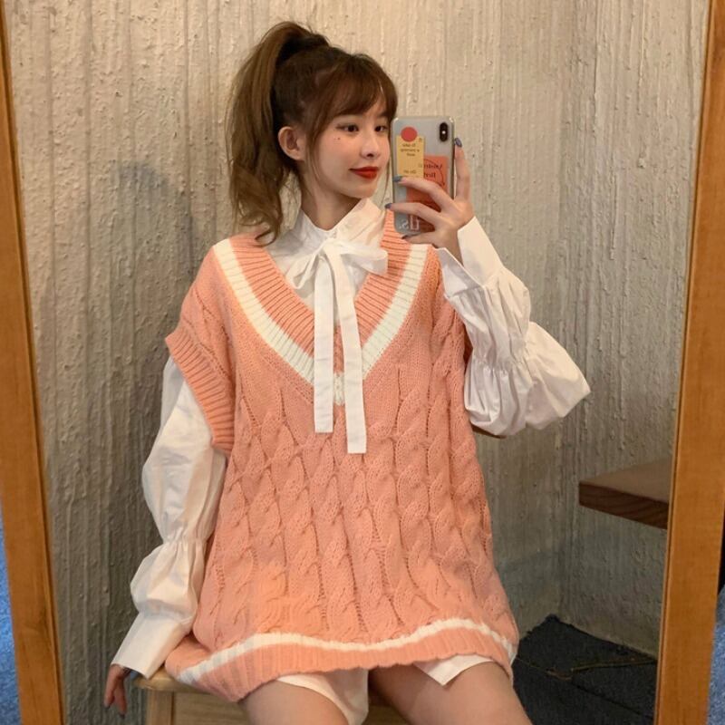 スタイルレディーススタンダードスプリングオータムVネックセーター ホワイトシャツ トップス レトロ 春物 秋物 1号婦人31153172389