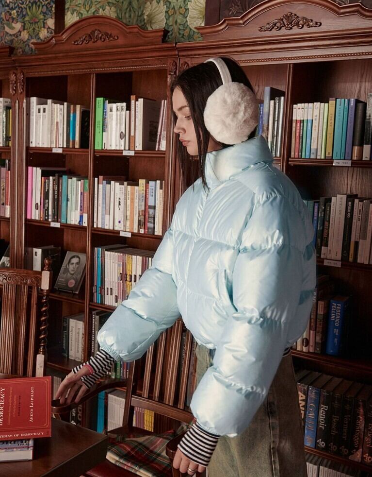 ◇BITTER CELLS◇ Glossy Crop Puffer Jacket Light Blue ☆【BITTER CELLS】GLOSSY CROP PUFFER JACKET- L/Blue | もごつ