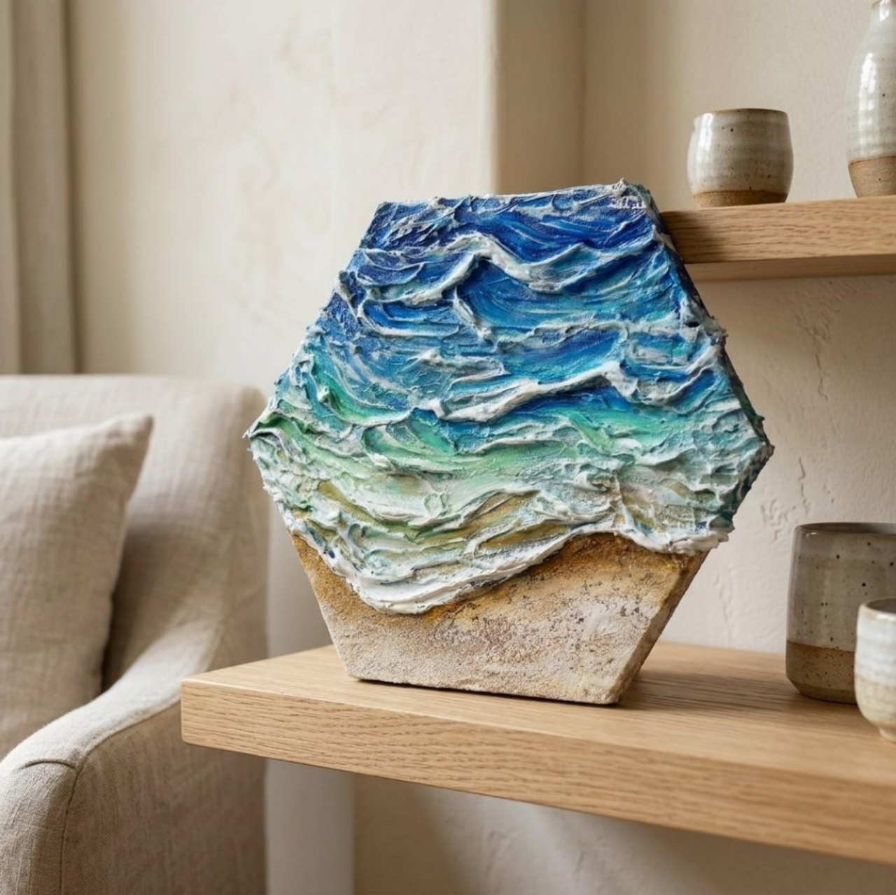 原画】油絵『永遠の渚』夏の砂浜の海（六角型キャンバス）立体3Dアート