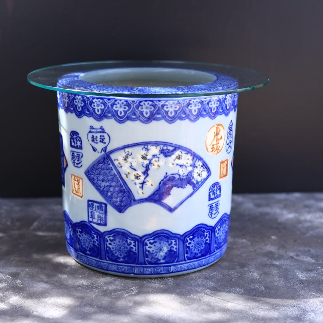 火鉢　中国品 印判地紋菁磁 9寸火鉢 (白梅) | 芦屋貴兆陶家 online shop