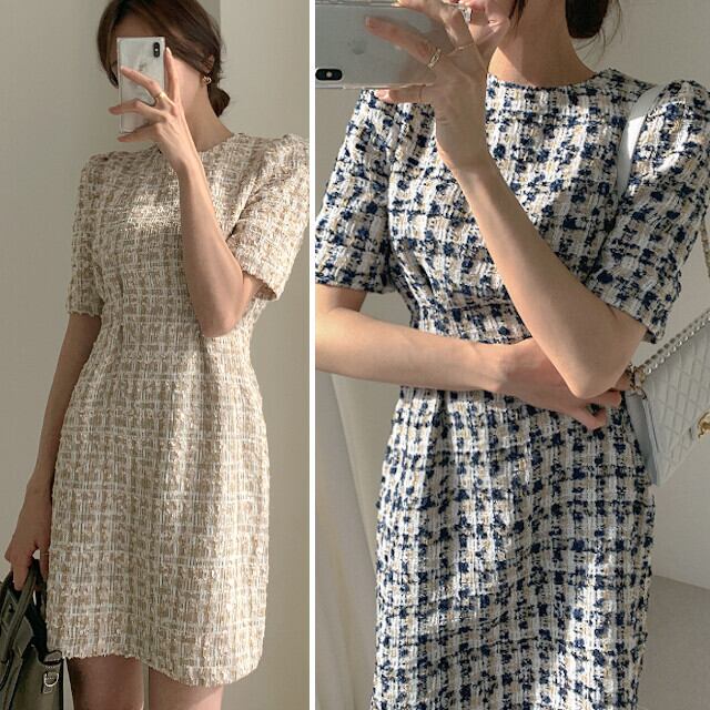 ワンピース レディース パフスリーブ 半袖 ツイード Aライン ミニワンピ ミニ丈 かわいい 上品 全2色 ブラック/ベージュ S/M