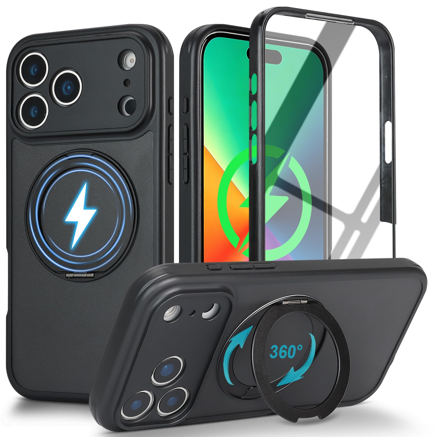 East Clear for iPhone 17 Pro Max ケースリング iPhone 18 Pro Max magsafe対応 ワイヤレス充電 耐衝撃 360°回転スタンド いphone17pro max ガラスフィルム アイフォン17プロマックス 用カバー マグネット搭載 スマホケース 耐衝撃 PC背面バンパー ブラック