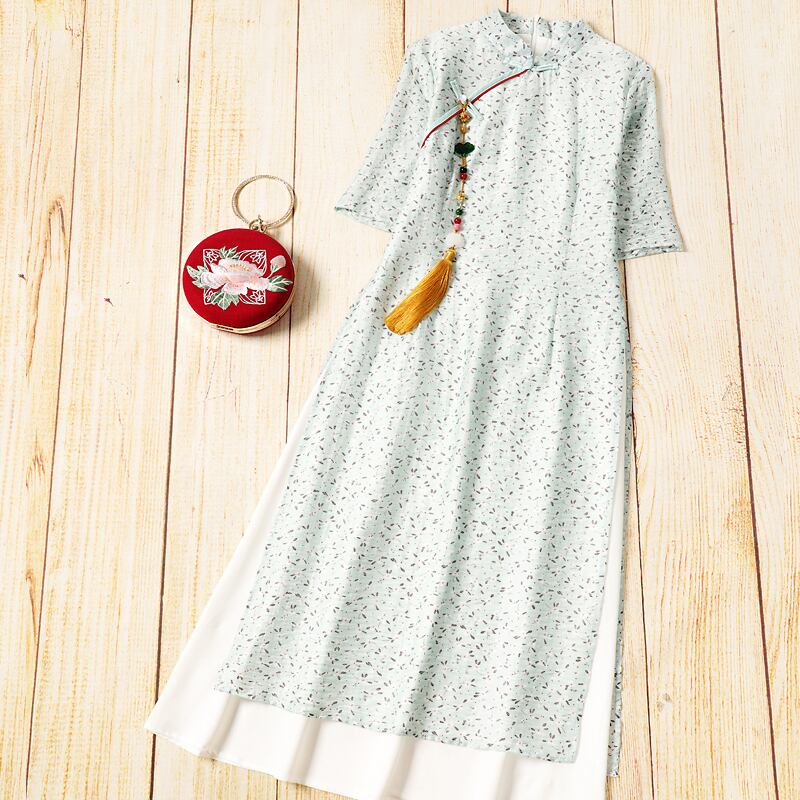 チャイナ風ワンピース アオザイ チャイナ風服 中華服 改良型チャイナドレス 普段着 パーティー 女子会 七分袖 スタンドネックネック ロング丈 大きいサイズ S M L Ll 3l ライトグリーン 緑 花柄 肌触りいい Elegant チャイナ風ワンピース アオザイ チャイナ風服 中華服 改良型チャイナドレス 普段着 パーティー 女子会 七分袖 スタンドネックネック ロング丈 大きいサイズ S M L Ll 3l ライトグリーン 緑 花柄 肌触りいい Elegant