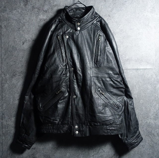 Black 4 Zip Pocket Deformed Design Leather Bluson