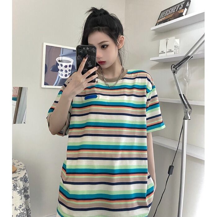 サマールーズレディースカジュアルTシャツ ストライプラウンドネックトップス コットン 夏物 Oネック ケッペル46911309887