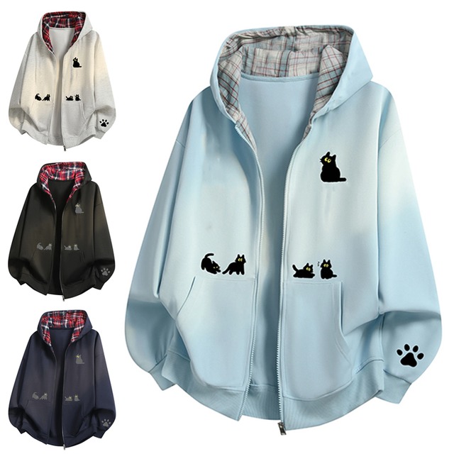 ♥レトロ猫系ストリートスタイル！【ImcTLシリーズ】★アウター★ パーカー ジャンプパーカー ユニセックス 4color 猫柄 ねこ ネコ