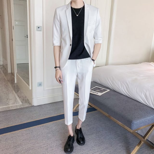 【予約販売】メンズ セットアップ スーツ 無地 クロップドパンツ 七分袖 シック スリム シンプル 韓国 男前 ブラック/グレー/ブルー/ピンク/ホワイト ジャケット パンツ セット セットアップ ビジネス 通勤 フォーマル パーティ 二次会 同窓会 結婚式 韓国 トレンド 春 大きいサイズ S/M/L/XL/2XL/3XL/4XL