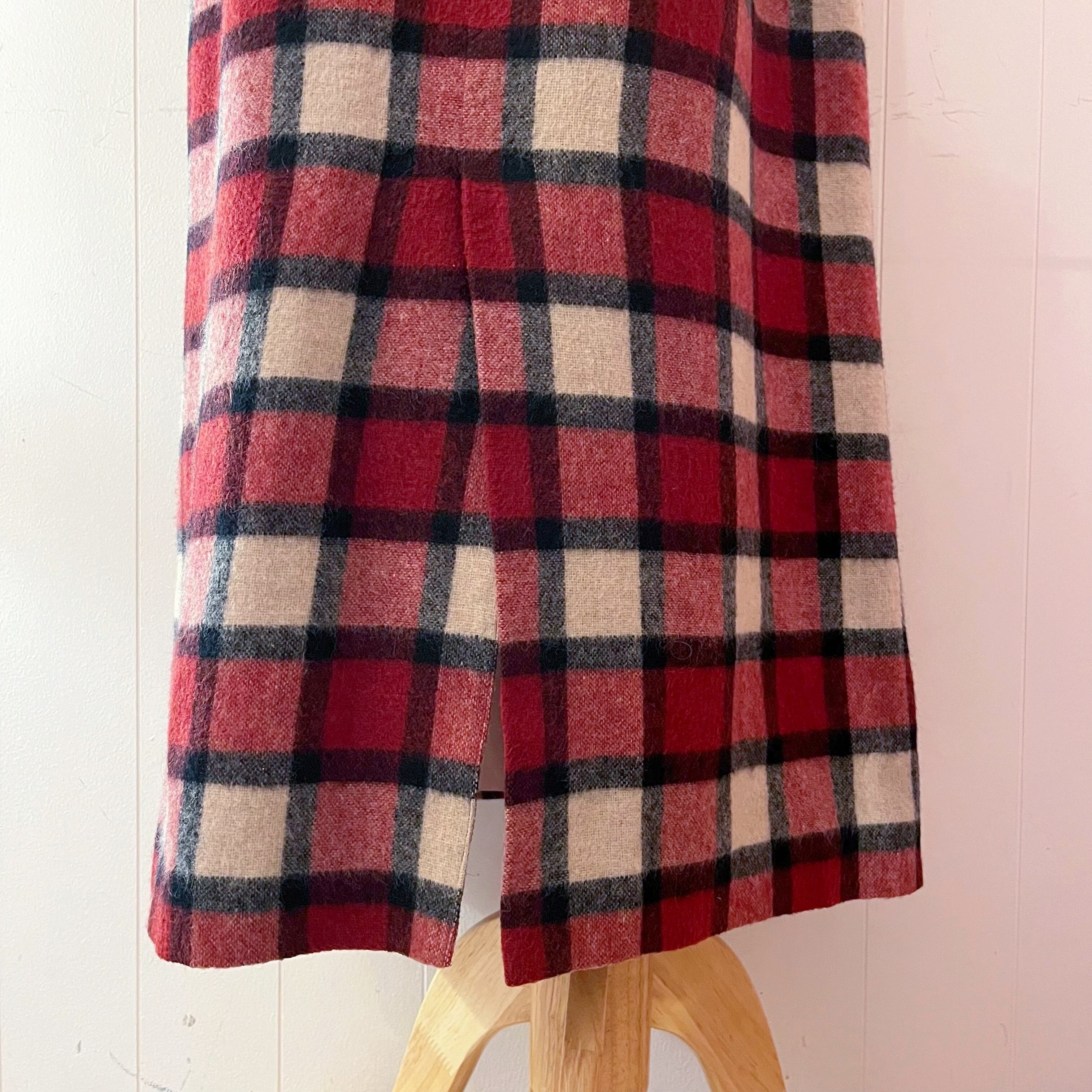 red block check wool long skirt