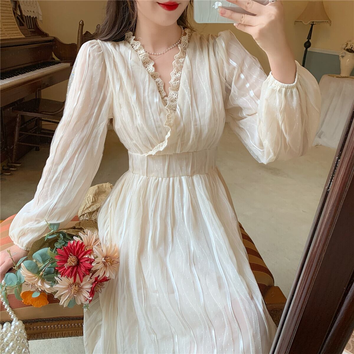 甘いスーパーフェアリーVネックレースフェアリーロングスカート2020年秋新しいウエスト細い優しいドレス女性 ドラファッションホール37343075872
