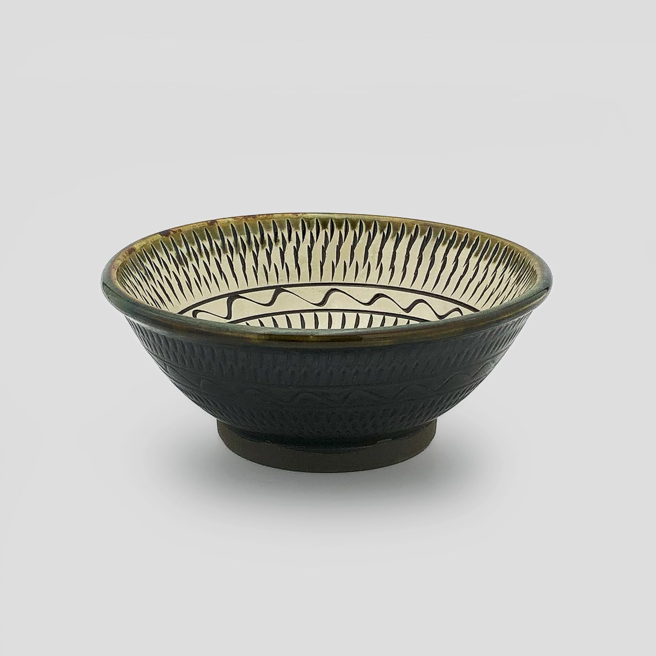 小鹿田焼 小袋窯 5寸丼 飛びかんな/櫛描き 緑 直径約15.5cm 陶器 和