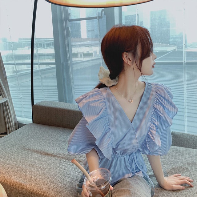 【ブラウス】大きいサイズ ブラウス フリル ブルー レディース ストライプ おしゃれ オフィス 体型カバー 着痩せトップス シャツ ブラウス 韓国 ブラウス 春 夏 秋 20代 30代 40代 50代 シンプル オフィス レディース フォーマル 体型カバー きれいめ 長袖 ピンク×ホワイト 白 S M L XL