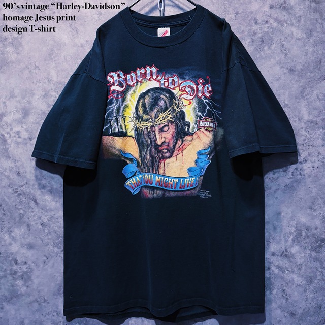 【 doppio】90’s vintage “Harley-Davidson” homage Jesus print design T-shirt