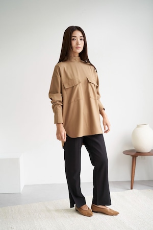 High neck Pocket Blouse - BEIGE