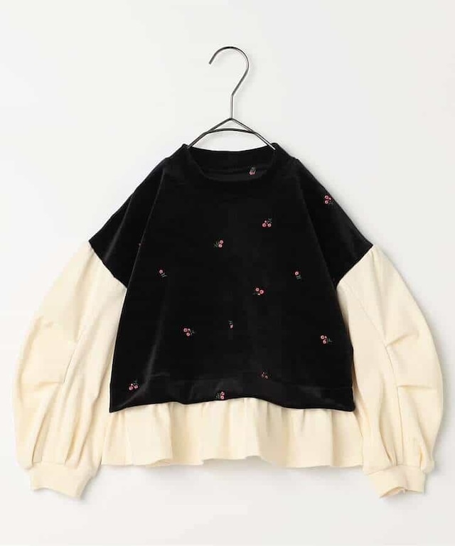 【26AW】F.O 刺繍ベロアドッキングペプラムトップス  (80/90/100/110/120/130/140) ブラック