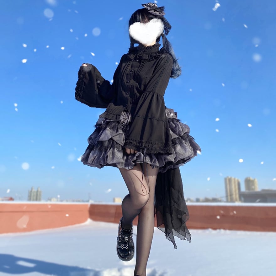 ゴスロリブラウス シャツ 黒シャツ 長袖 スタンドカラー 姫袖 ダーク