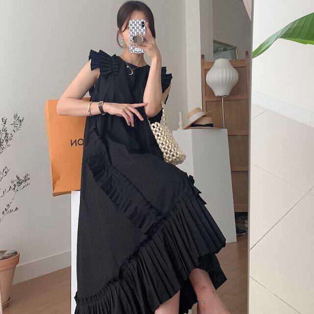 ワンピース レディース マキシ丈 ガーリー プリーツ フリル ロング
