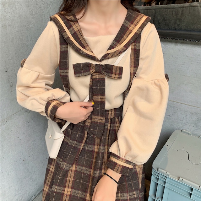 制服 コスプレ かわいい りぼん チェック セーラー服 上下セット 160