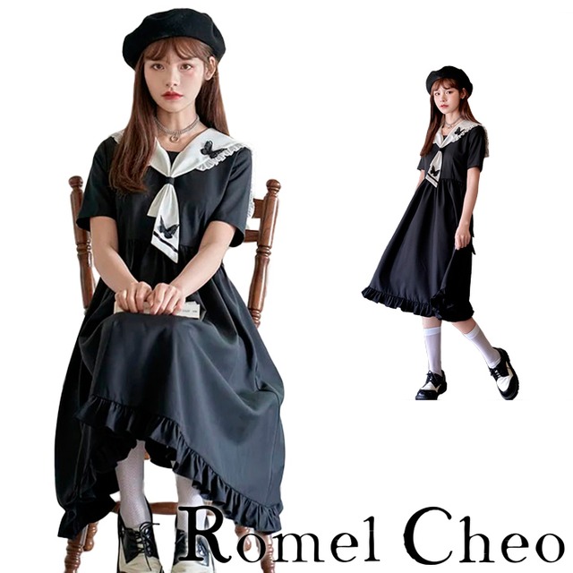 お支払い確認後日以内発送 Romelcheo モノクロ セーラー バタフライ ワンピース レディース 膝丈 蝶 モチーフ 半袖 夏ワンピース Aライン 裾フリル デート服 マリンルック モノトーン 原宿系 病みかわいい ロリータ系 ゴシック モード系 ガーリー 大人可愛い