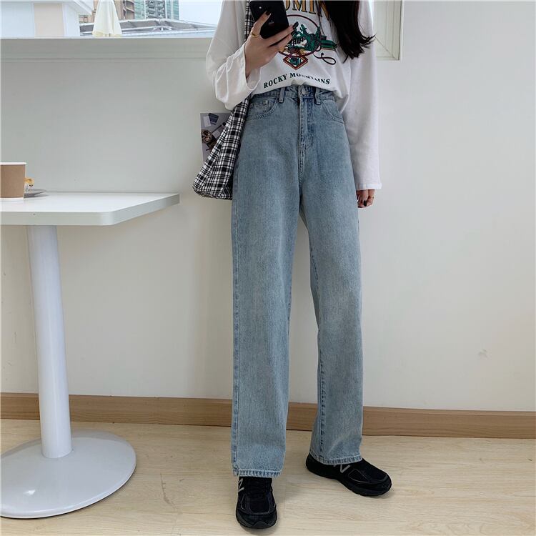 香港スタイルのレトロなハイウエストジーンズの女性の2020年の新しい秋の小さなルーズで薄いストレートドレープモップ クレセントシティ54906408887