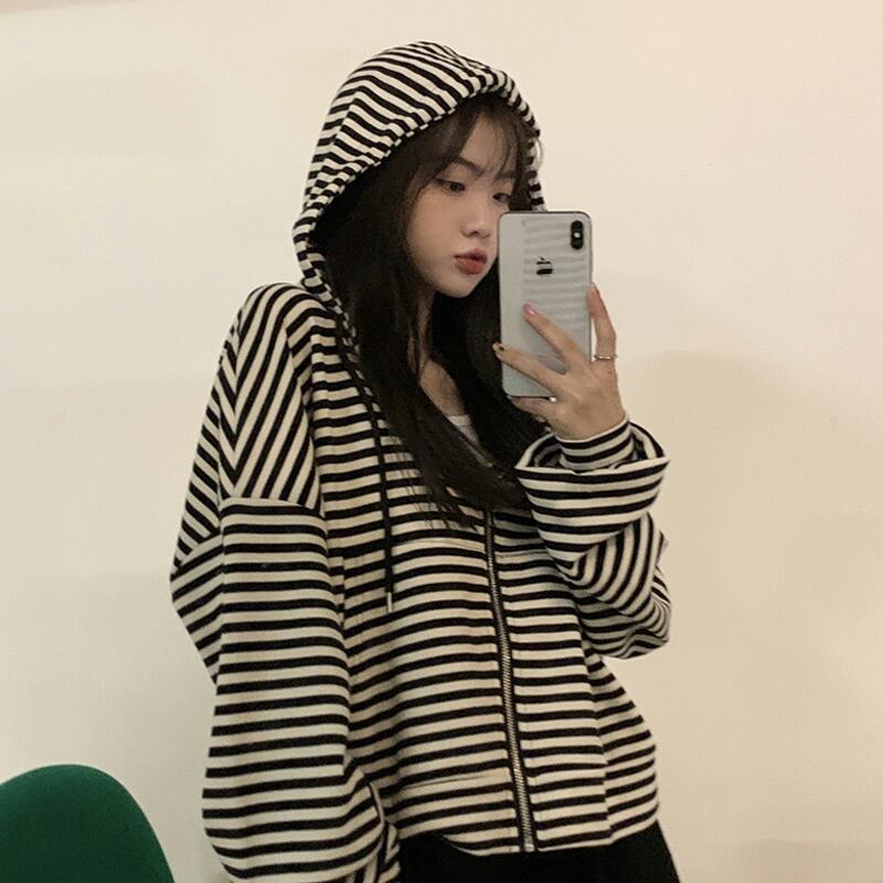 ストライプフードジャケット スプリングオータムルーズショートトップス ロング 春物 秋物 スーパーモール67745926160